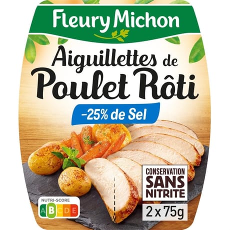 Fleury Michon aiguillettes de poulet rôti -25% de sel conservation sans nitrite 2x75g