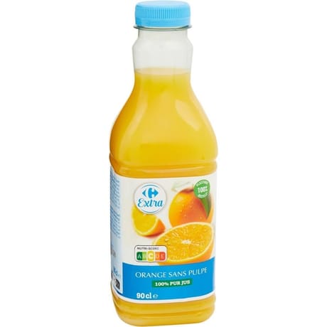 Carrefour extra orange sans pulpe 100% pur jus 90cl