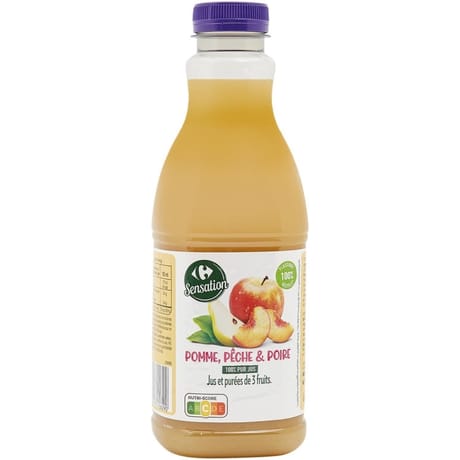 Carrefour sensation jus de fruits pomme, pêche et poire 100% pur jus 90cl