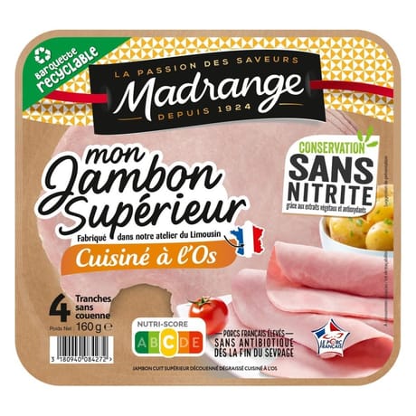 Madrange mon jambon supérieur cuisiné à l'os sans nitrite sans couenne 4 tranches 160g