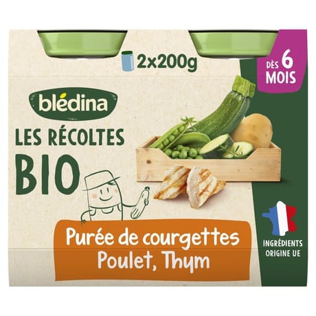 Bledina les récoltes bio purée de courgettes poulet fermier thym dès 6 mois 2x200g