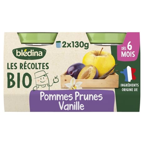 Blédina les récoltes bio pots pommes prunes vanille 2x130g dès 6 mois