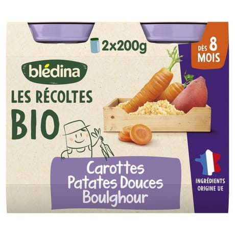 Bledina les récoltes bio carottes patates douces boulghour dès 8 mois 2x200g