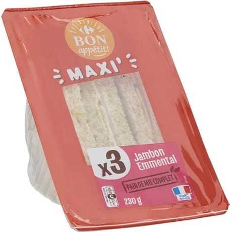 Carrefour bon appétit sandwich maxi x3 jambon emmental 230g