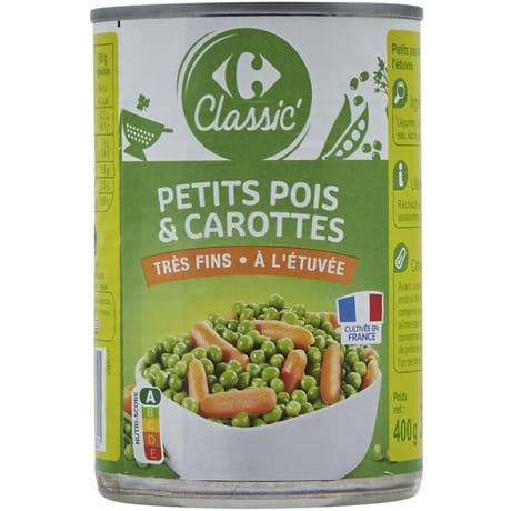 Carrefour classic' petits pois et carottes très fins à l'étuvée 265g