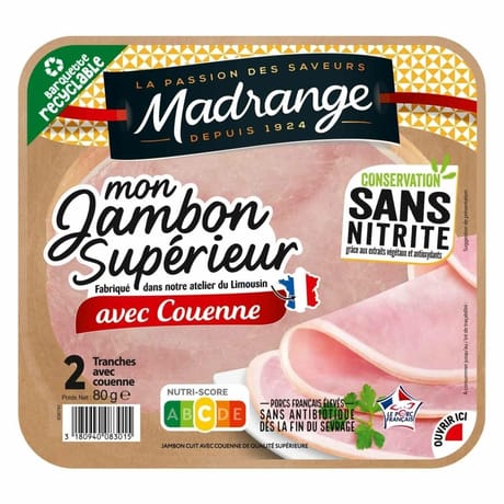 Madrange mon jambon supérieur sans nitrite avec couenne 2 tranches 80g