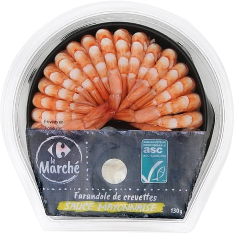 Crevettes semi-décortiquées ASC et mayonnaise CARREFOUR LE MARCHE la barquette de 130g