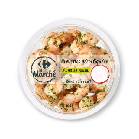 Crevettes décortiquées à l'ail et persil CARREFOUR LE MARCHE la barquette de 100g
