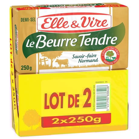 Elle & Vire beurre tendre demi-sel lot de 2 plaquettes de 250g