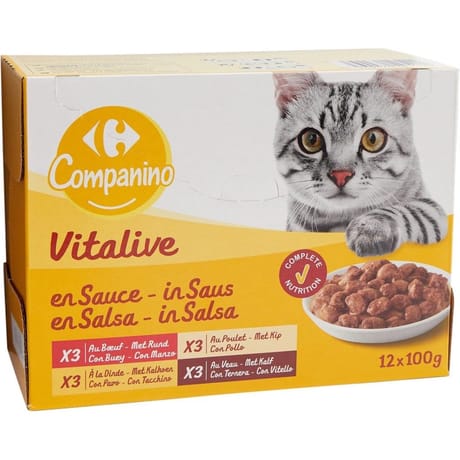 Carrefour companino pâtée pour chat en sauce au boeuf, au poulet, à la dinde & veau - 1.2kg
