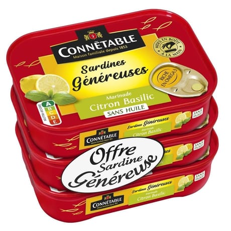 Connetable sardines généreuses citron basilic 140gx3
