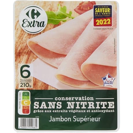Carrefour extra jambon superieur conservation sans nitrite 6 tranches 210g