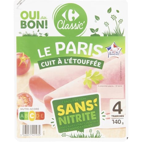 Carrefour classic' jambon Le Paris cuit à l'étouffée sans nitrite 4 tranches 140g