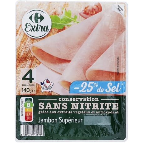 Carrefour extra jambon supérieur sel réduit sans nitrite 4 tranches 140g