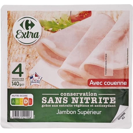 Carrefour extra jambon supérieur avec couenne sans nitrite 4 tranches 140g