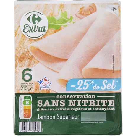 Carrefour extra jambon supérieur sans nitrite sel réduit 6 tranches 210g