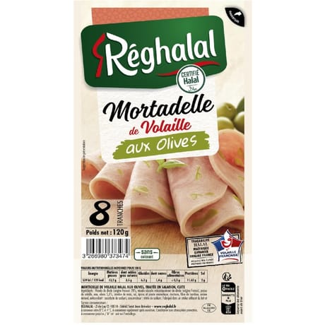 Réghalal mortadelle de volaille aux olives halal 8 tranches 120g