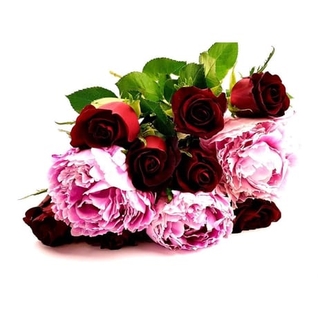 Bouquet de 8 roses 40 cm bouton de 3.8 cm + 3 pivoines