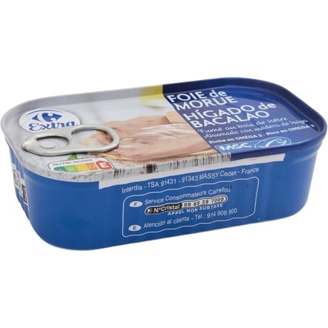Carrefour extra foie de morue fumé au bois de hêtre 121g