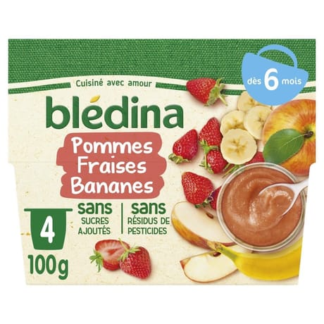 Blédina coupelles fruits pommes fraises bananes dès 6 mois 4x100g
