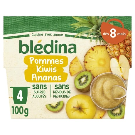 Bledina coupelles fruits pommes kiwis ananas dès 8 mois 4x100g