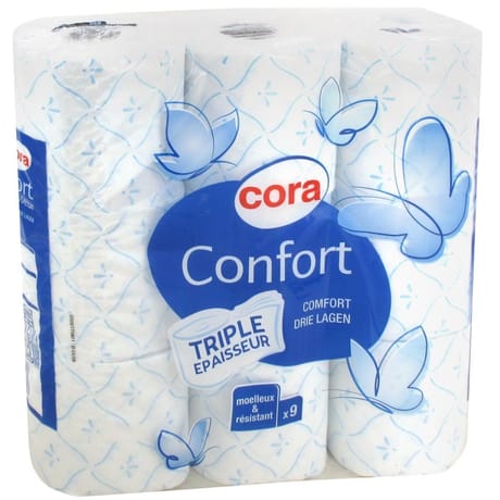 Cora papier toilette confort blanc/bleu triple épaisseur x 9 rouleaux