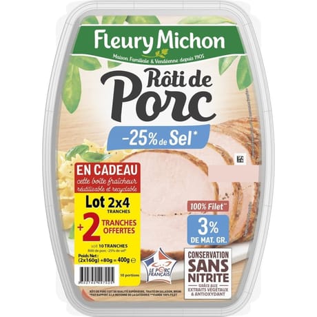 Fleury Michon rôti de porc sel reduit sans nitrite lot 2x4 tranches + 2off 400g et boite fraicheur
