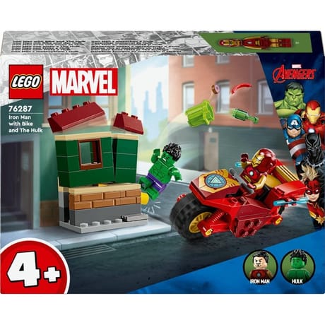 76287 lego marvel - iron man avec une moto et hulk, set de jeu