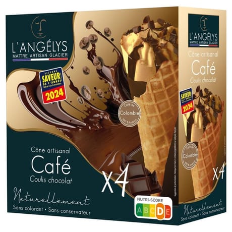 L'Angelys cône artisanal crème glacée café coulis chocolat & copeaux x4 280g