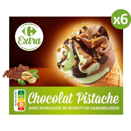 Carrefour extra 6 cônes chocolat pistache 411g