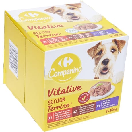 Carrefour Companino Vitalive Terrine pour chien senior au boeuf, foie, dinde, veau & gibier (3x300g)
