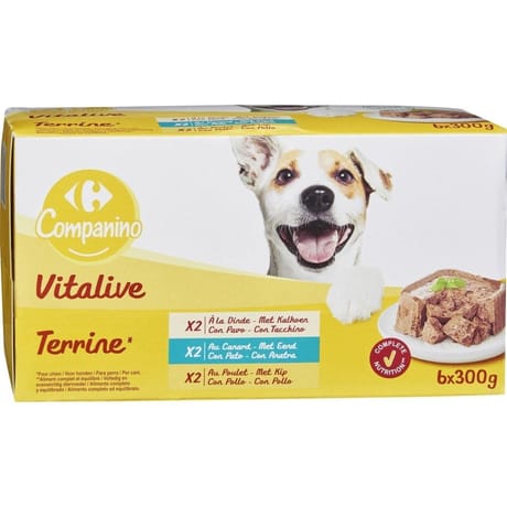Carrefour companino vitalive terrine pour chien adulte à la dinde, au canard et poulet 6x300g