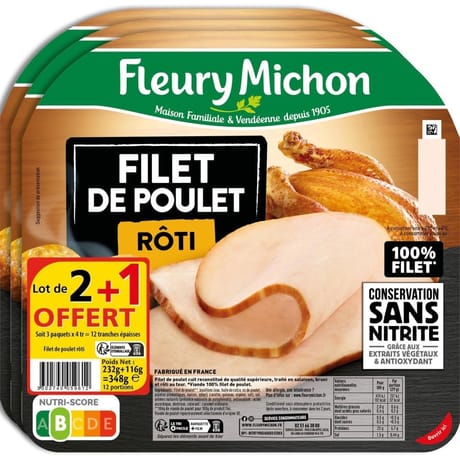 Fleury michon filet de poulet rôti conservation sans nitrite 4 tranches épaisses lot 2+1 offert 348g
