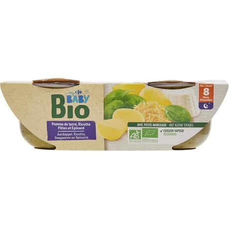 Carrefour baby bio plat bébé pomme de terre ricotta pâtes épinard dès 8mois 2x200g