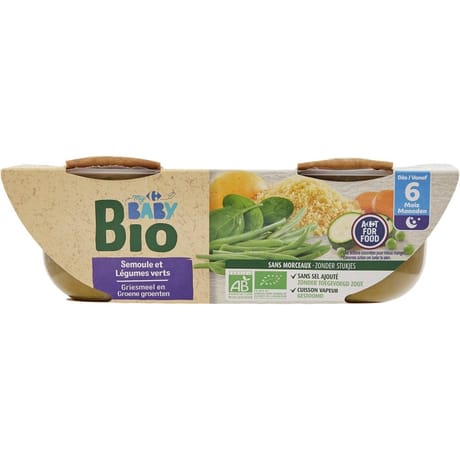 Carrefour baby bio plat bébé semoule légumes verts dès 6mois 2x200g