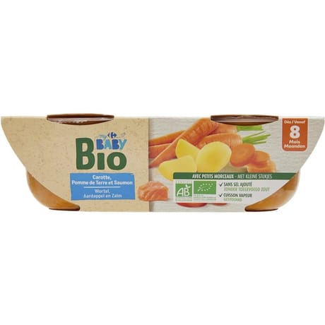 Carrefour baby bio plat bébé carotte pomme de terre saumon dès 8mois 2x200g