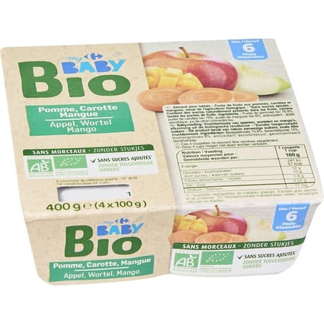 Carrefour baby bio dessert bébé 6 mois pomme carottes mangue 4x100g