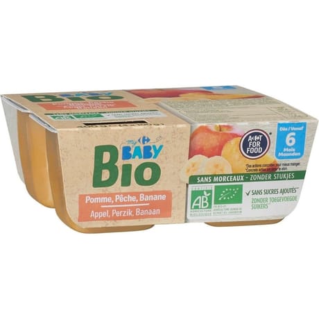 Carrefour baby bio dessert bébé pomme, pêche, banane, dès 6 mois 4x100g