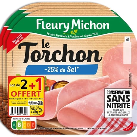 Fleury Michon jambon le torchon -25% de sel sans couenne 4 tranches lot 2+1 offert 360g