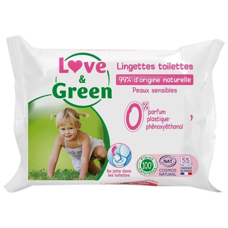 Love & green lingettes toilettes hypoallergeniques 0% x55