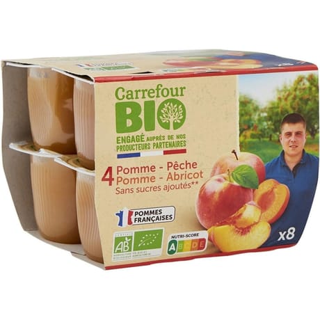Carrefour bio compote de fruits sans sucres ajoutés bio pommes pêches abricots x8 - 800g