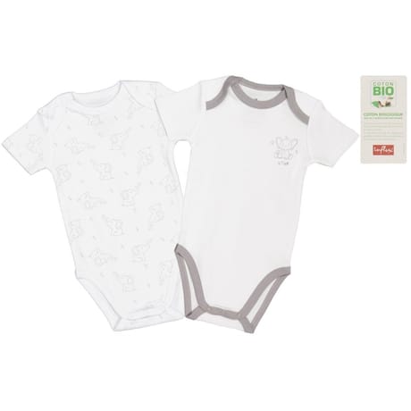 Lot de 2 bodies manches courtes fantaisie bébé BLANC/GRIS ELEPHANT 3ANS