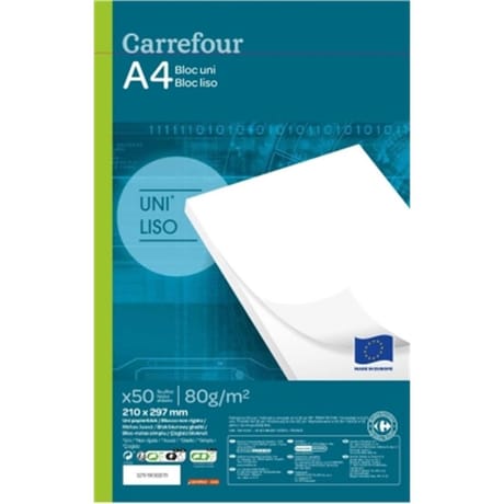 Carrefour bloc 50 feuilles A4 uni 210x297mm 80 grammes