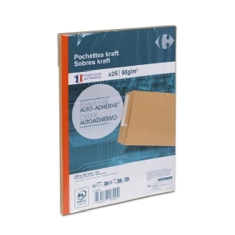 Carrefour 25 pochettes kraft fermeture auto-adhésive 229x324mm 90 grammes