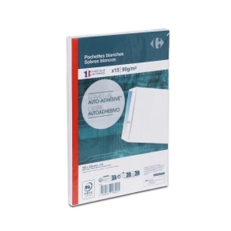 Carrefour 15 pochettes blanches fermeture auto-adhésive 162x229mm 90 grammes