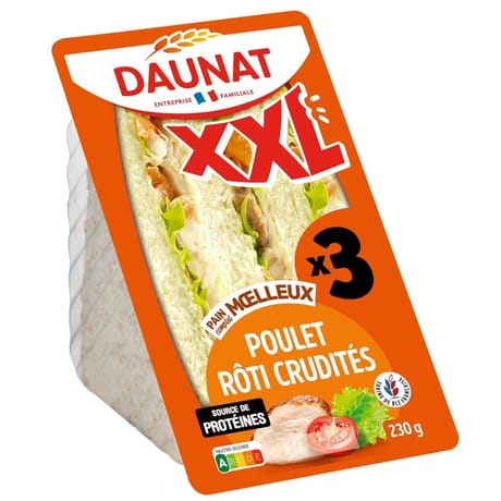 Daunat Sandwich club XXL poulet rôti crudités 230g