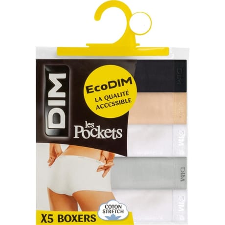 Lot de 5 shorties Pocket Ecodim Dim 5BM NOIR/PEAU/BLANC/GRIS/BLANC T40\42