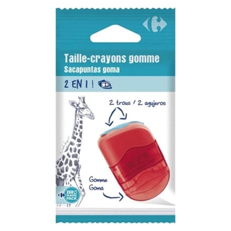 Carrefour taille crayon rouge 2 trous avec réservoir plastique et gomme