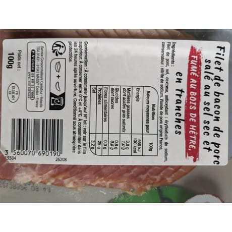 Crf bacon sel sec 10 tranches 100g prix rond