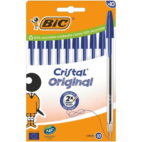 Bic 10 stylos bille cristal pointe moyenne couleur bleu boite carton